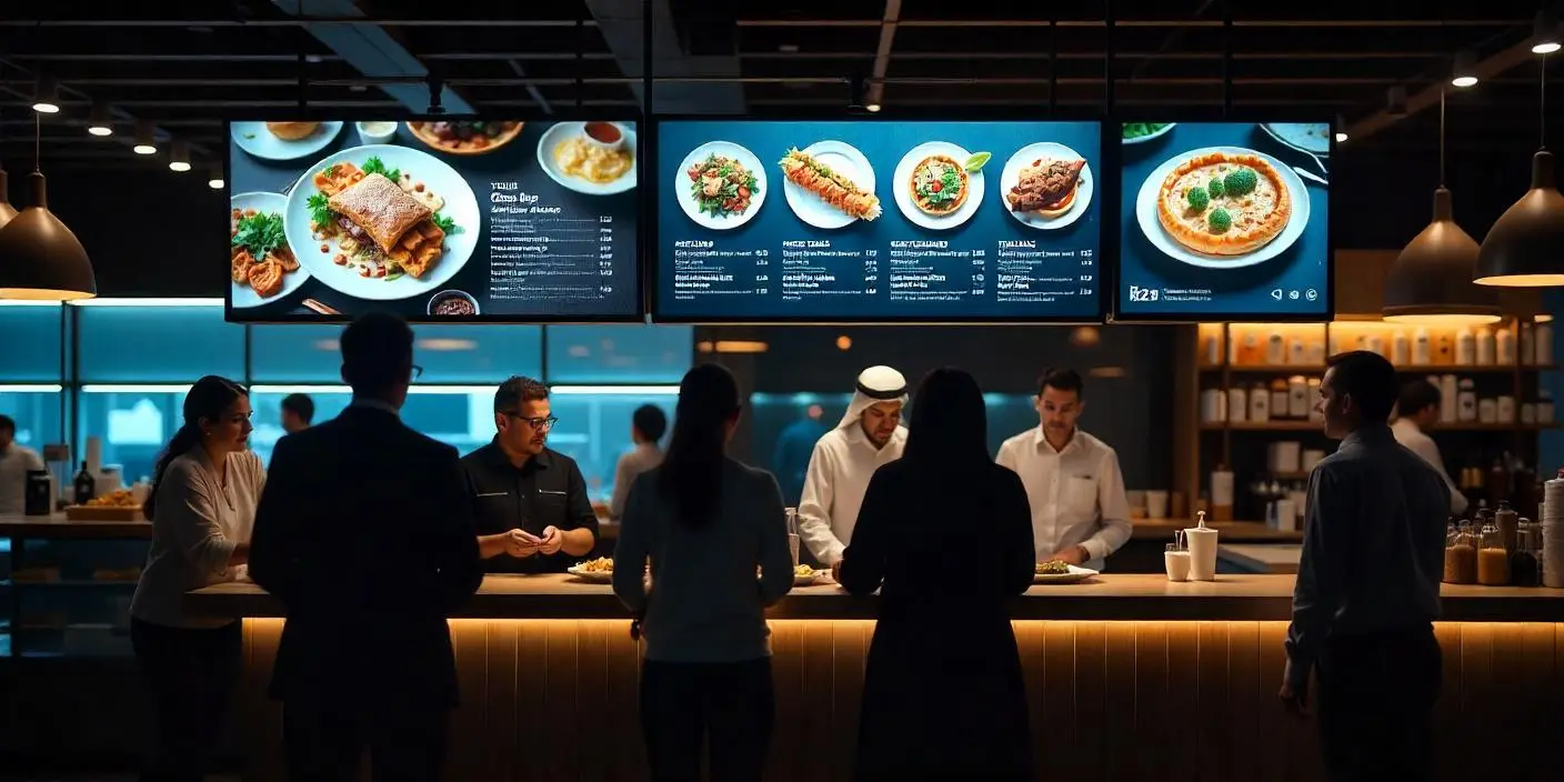 Restaurants 6 Create a high-quality cinematic animation showing dynamic digital menu boards in a modern restaurant setting. Display ultra-sleek, eye-catching menu screens with real-time updates, animations, and vivid food visuals. Show customers interacting with the menus via touch or QR codes. Include keywords like ‘smart restaurant technology’, ‘dynamic digital menus’, ‘interactive food ordering’, and ‘AI-powered digital signage’. Highlight vibrant graphics, engaging transitions, and a premium dining ambiance designed to impress customers and boost sales. Add subtle branding elements and natural camera movement to showcase a tech-savvy, futuristic dining experience.