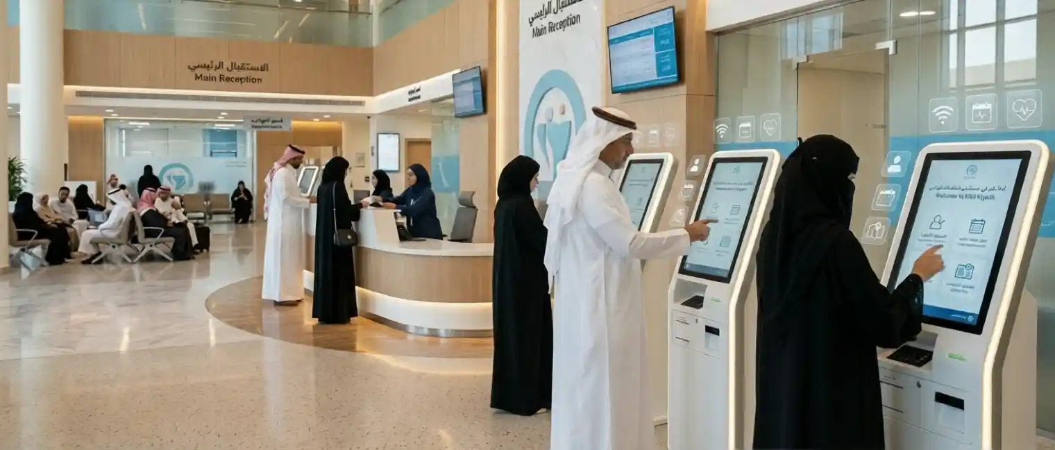 Self-Service Kiosks, Healthcare Digital Transformation, Patient Check-In System, Hospital Efficiency, Patient Experience, Smart Healthcare Solutions, MENA Healthcare Technology, Digital Healthcare, FAMA Technologies, Queue Reduction