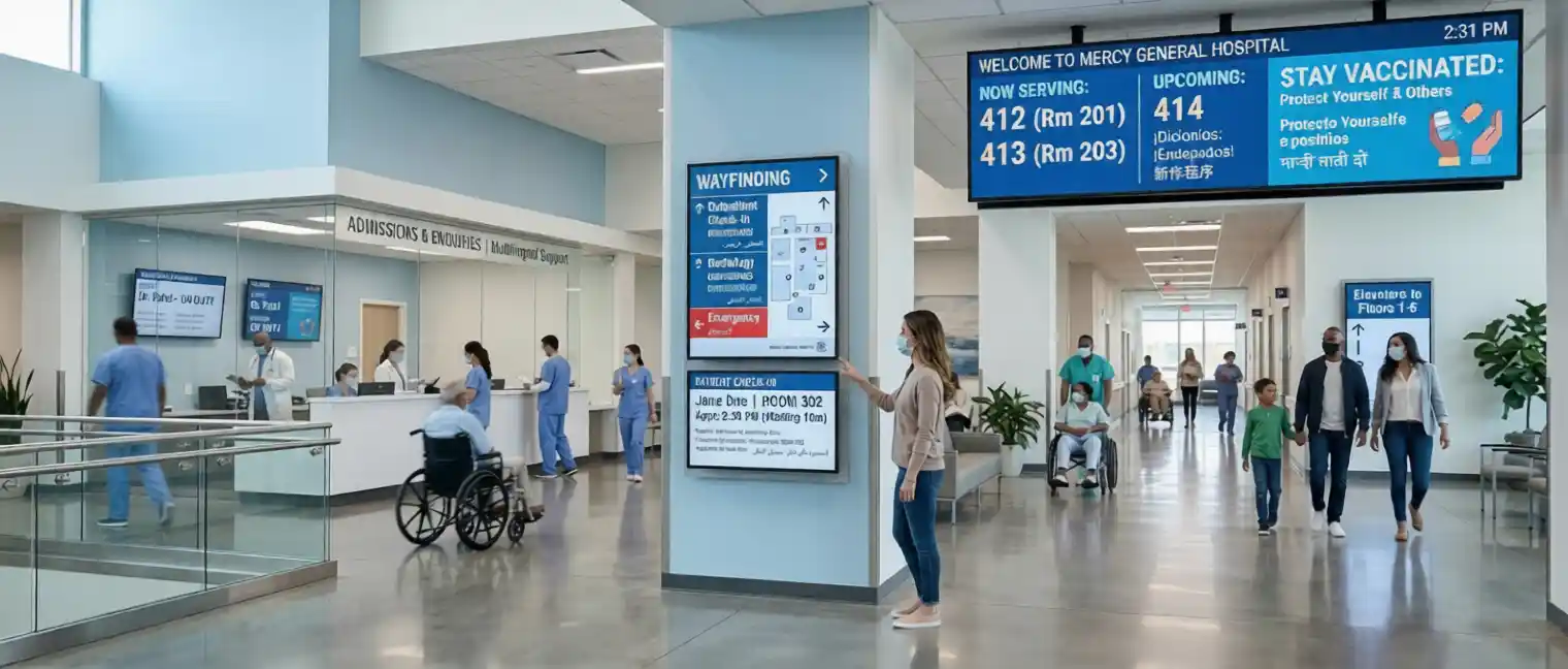 Digital Signage Healthcare, Patient Communication, Hospital Wayfinding, Smart Healthcare Solutions, Healthcare Digital Transformation, Patient Engagement, Healthcare Technology MENA, AI Digital Signage, FAMA Technologies, Infinite Digital Signage