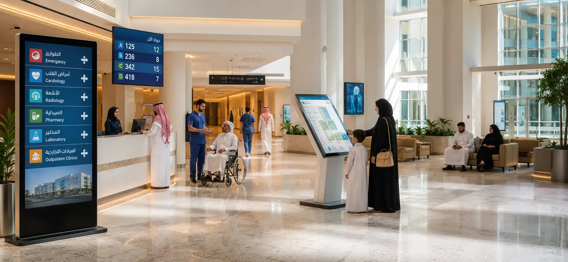 Digital Signage Healthcare, Patient Communication, Hospital Wayfinding, Smart Healthcare Solutions, Healthcare Digital Transformation, Patient Engagement, Healthcare Technology MENA, AI Digital Signage, FAMA Technologies, Infinite Digital Signage