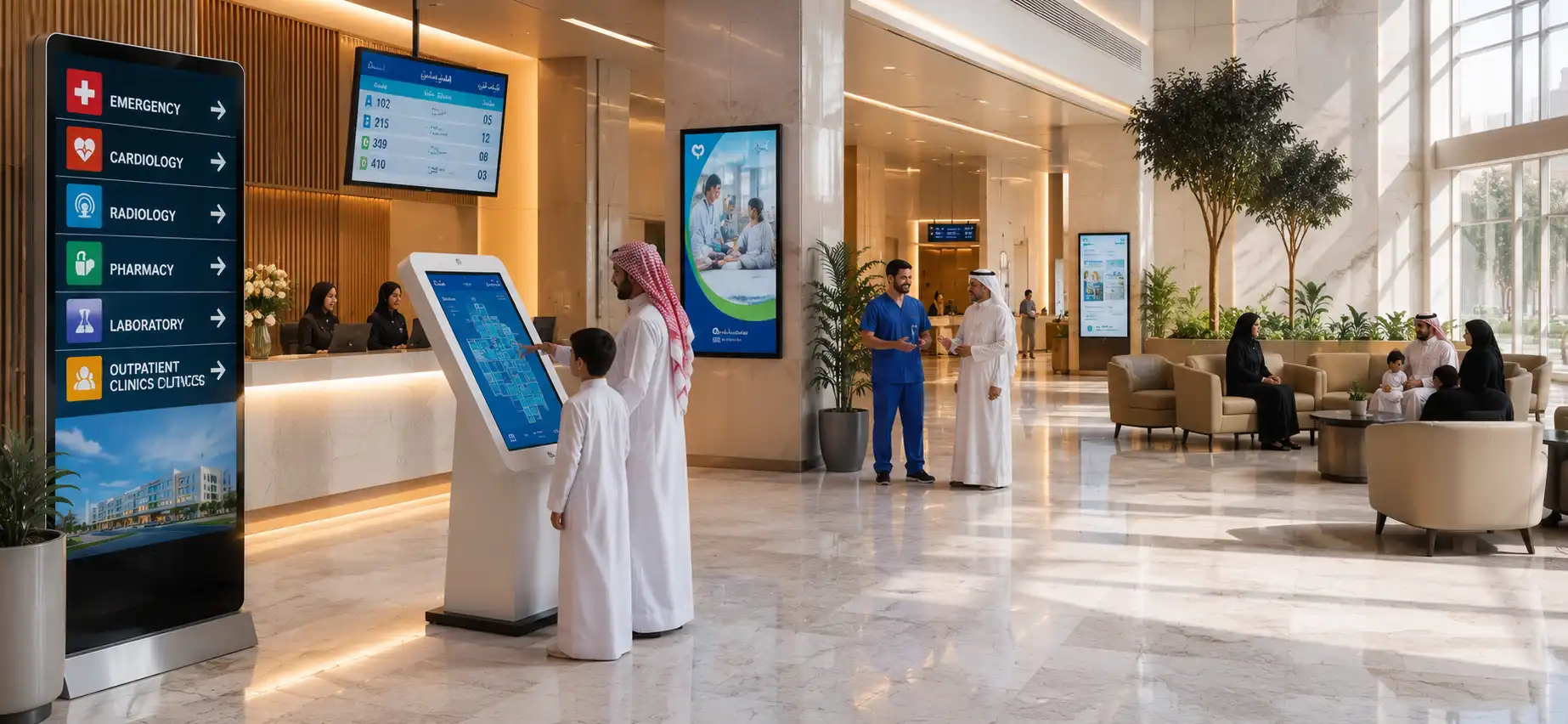 Digital Signage Healthcare, Patient Communication, Hospital Wayfinding, Smart Healthcare Solutions, Healthcare Digital Transformation, Patient Engagement, Healthcare Technology MENA, AI Digital Signage, FAMA Technologies, Infinite Digital Signage