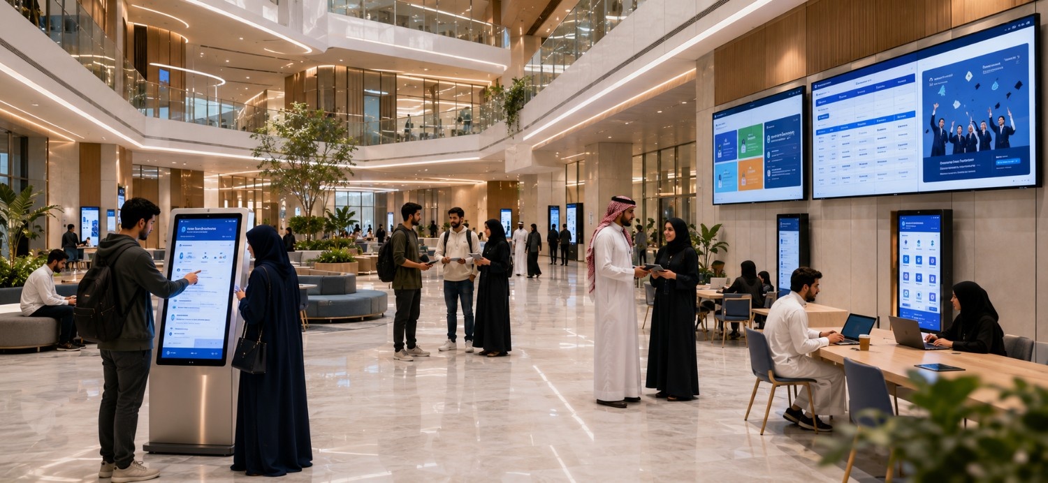 Smart Campus, Digital Signage for Education, Education Digital Signage, Campus Communication, Student Communication, Smart Education Solutions, Smart Campus Technology, Student Engagement, University Wayfinding, Educational Digital Transformation, Queue Management for Universities, Self-Service Student Kiosks, Campus Safety Solutions, AI in Education, Interactive Displays for Education, Smart Classrooms, Higher Education Technology, Education Technology MENA, Smart University Solutions, Digital Campus Experience, FAMA Technologies, Infinite Digital Signage