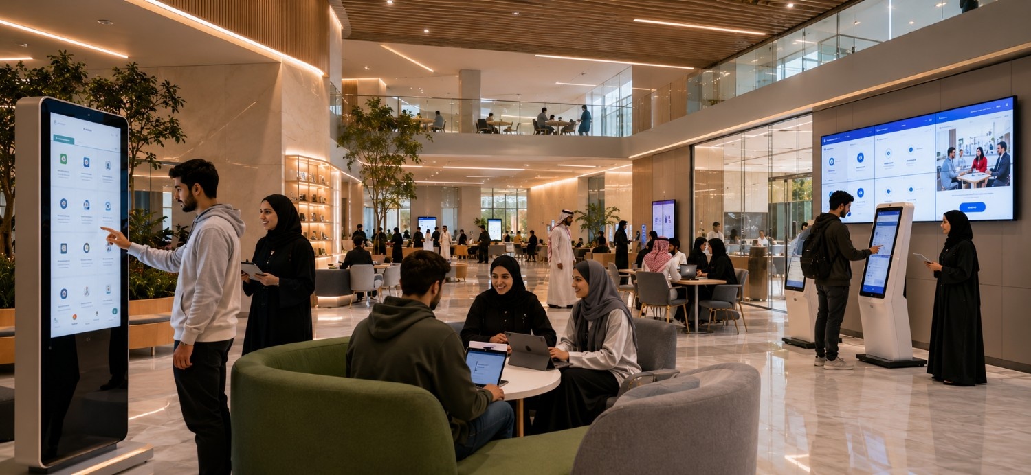 Digital Signage Healthcare, Patient Communication, Hospital Wayfinding, Smart Healthcare Solutions, Healthcare Digital Transformation, Patient Engagement, Healthcare Technology MENA, AI Digital Signage, FAMA Technologies, Infinite Digital Signage